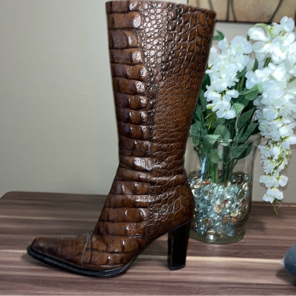 Donald J. Pliner Brown Crocodile-Embossed Heeled Boots